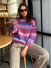 Lizakosht Knit Stripe Colorful Women Jumper Long Sleeve O-neck Pullover Loose Oversize Croppe Sweater 2024 Fashion Street Knitwear