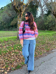 Lizakosht Knit Stripe Colorful Women Jumper Long Sleeve O-neck Pullover Loose Oversize Croppe Sweater 2024 Fashion Street Knitwear