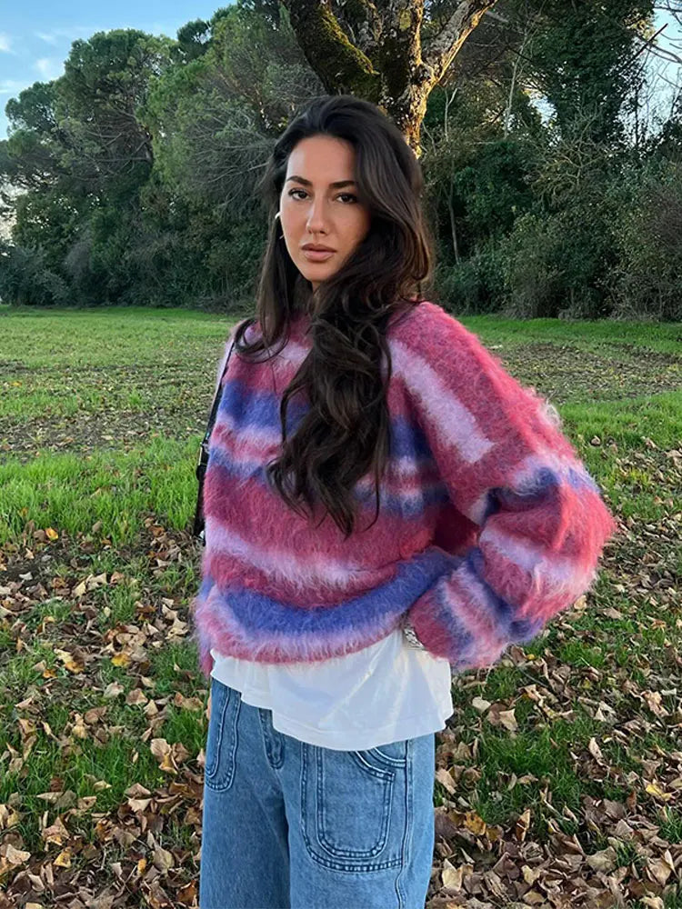 Lizakosht Knit Stripe Colorful Women Jumper Long Sleeve O-neck Pullover Loose Oversize Croppe Sweater 2024 Fashion Street Knitwear