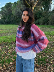 Lizakosht Knit Stripe Colorful Women Jumper Long Sleeve O-neck Pullover Loose Oversize Croppe Sweater 2024 Fashion Street Knitwear