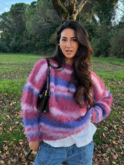 Lizakosht Knit Stripe Colorful Women Jumper Long Sleeve O-neck Pullover Loose Oversize Croppe Sweater 2024 Fashion Street Knitwear