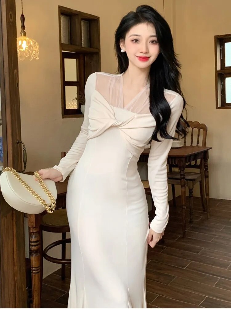 Lizakosht Autumn New French Women Elegant Long Sleeve Midi Lady Fashion Mermaid Dresses For Party Solid Prom Maxi Clothes