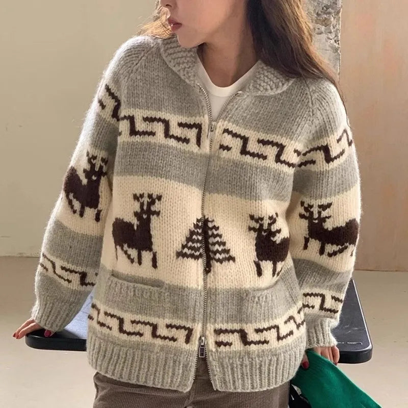 Lizakosht Chic Knitted Cardigan Women Sweaters Pull Print Zipper Christmas Sweater Temperament Vintage Casual Oversized Sweater Tops