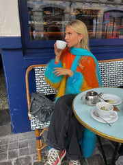 Lizakosht Colorful Crochet Patchwork Lantern Sleeve Women Long Cardigan Open Front Oversize Loose Calf Length Sweater 2024 Autumn Chic Top