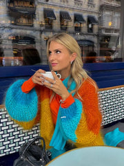 Lizakosht Colorful Crochet Patchwork Lantern Sleeve Women Long Cardigan Open Front Oversize Loose Calf Length Sweater 2024 Autumn Chic Top
