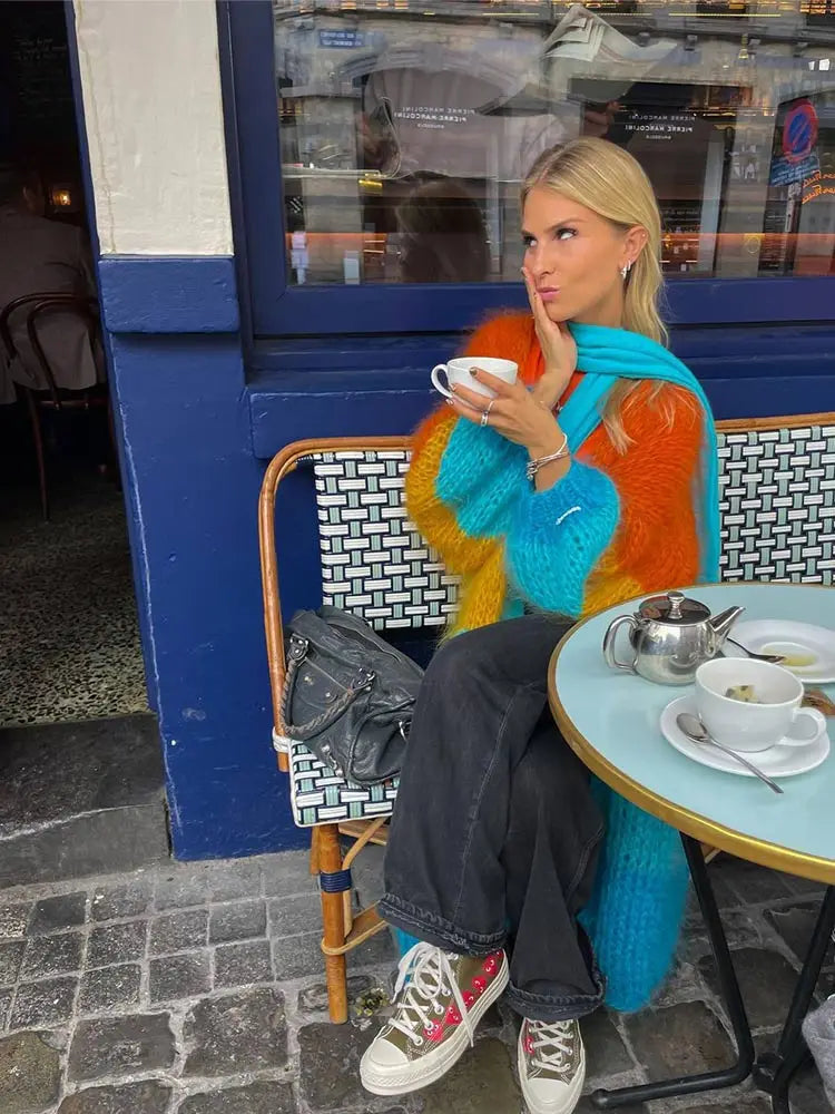 Lizakosht Colorful Crochet Patchwork Lantern Sleeve Women Long Cardigan Open Front Oversize Loose Calf Length Sweater 2024 Autumn Chic Top