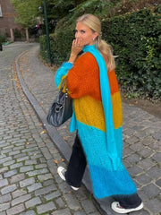 Lizakosht Colorful Crochet Patchwork Lantern Sleeve Women Long Cardigan Open Front Oversize Loose Calf Length Sweater 2024 Autumn Chic Top
