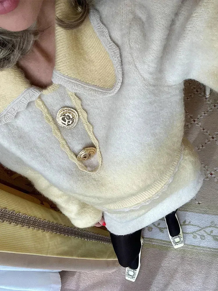 Lizakosht Dye-tie Contrast Golden Button Lace Lapel Loose Sweater 2 Piece Set Women Fashion Chic Knitted A-line Mini Skirts Street Suits