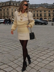 Lizakosht Dye-tie Contrast Golden Button Lace Lapel Loose Sweater 2 Piece Set Women Fashion Chic Knitted A-line Mini Skirts Street Suits