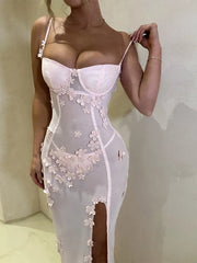 Lizakosht Elegant 3d Flower Spaghetti Strap Maxi Dress For Women Sexy Backless Off Shoulder Split Slim Dresses Lady Chic Party Club Robes