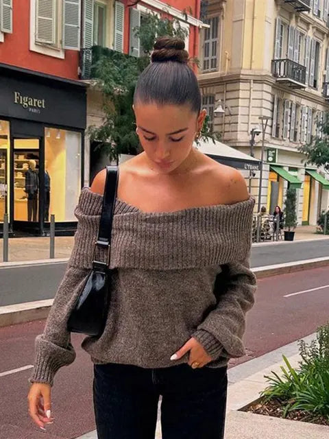 Lizakosht Elegant Blue Women Casual Slash Neck Knit Jumper Autumn Chic Casual Long Sleeve Loose Pullover Sweater Lady Office Party Outwear