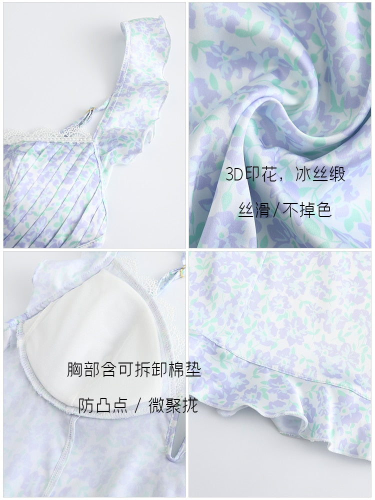 Lizakosht Elegant Ice Silk Pajamas Sleepwear Women Nightdress with Chest Pad Floral Printed V-Neck Night Gowns 2023 New Summer Sleep Dress