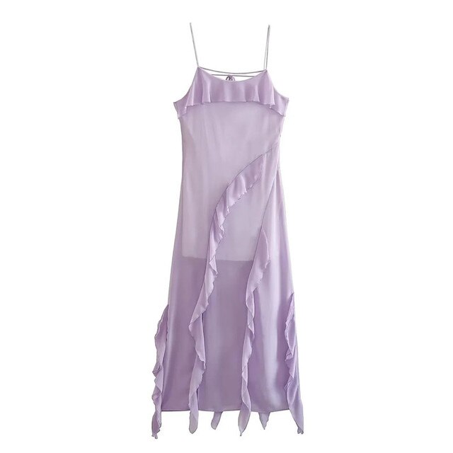 Lizakosht Elegant Purple Ruffle Sling Dress Woman Fashion Solid Backless Slip Long Dresses 2023 Summer Sexy Female Party Evening Dresses