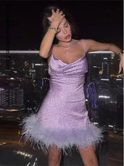 Lizakosht Elegant Spaghetti Strap Feather Mini Dress Women Sleeveless Backless Bodycon Dresses 2024 Summer New Club Party Sparkle Vestidos