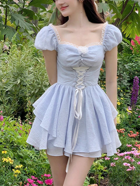 Lizakosht Elegant Y2k Mini Dress Women Kawaii Causal Short Party Dress Office Lady French Fairy Lace Dress Short Sleeve Summer Design