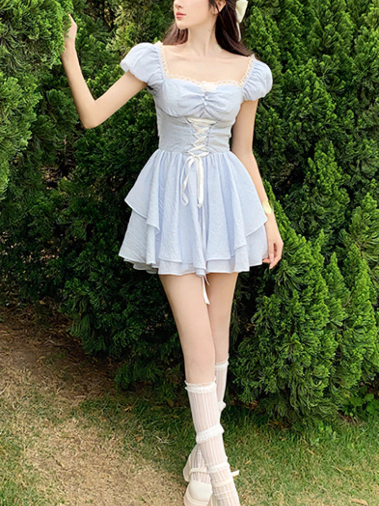 Lizakosht Elegant Y2k Mini Dress Women Kawaii Causal Short Party Dress Office Lady French Fairy Lace Dress Short Sleeve Summer Design