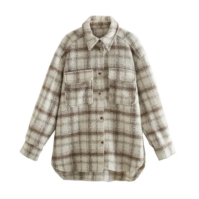 Lizakosht Women Autumn Winter Fashion Plaid Khaki Thick Coats Overshirt Female Stylish Pockets Plaid Long Jackets Overisze Outwear