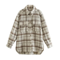 Lizakosht Women Autumn Winter Fashion Plaid Khaki Thick Coats Overshirt Female Stylish Pockets Plaid Long Jackets Overisze Outwear