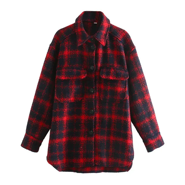 Lizakosht Women Autumn Winter Fashion Plaid Khaki Thick Coats Overshirt Female Stylish Pockets Plaid Long Jackets Overisze Outwear