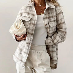 Lizakosht Women Autumn Winter Fashion Plaid Khaki Thick Coats Overshirt Female Stylish Pockets Plaid Long Jackets Overisze Outwear