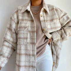 Lizakosht Women Autumn Winter Fashion Plaid Khaki Thick Coats Overshirt Female Stylish Pockets Plaid Long Jackets Overisze Outwear