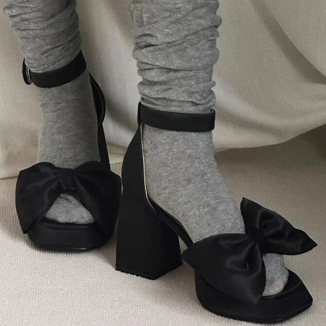 Lizakosht Fashion French Style Silks Big Bow Summer Sandals Women Sexy Shoes Party Dress Thick Heel Wedding Sandals