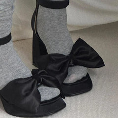 Lizakosht Fashion French Style Silks Big Bow Summer Sandals Women Sexy Shoes Party Dress Thick Heel Wedding Sandals