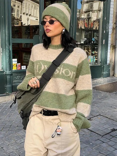 Lizakosht Fashion Green Stripe Knit O-neck Women Jumper Long Sleeve Loose Casual Chic Sweater Knitwear Autumn Lady Soft Streetwear Outwear