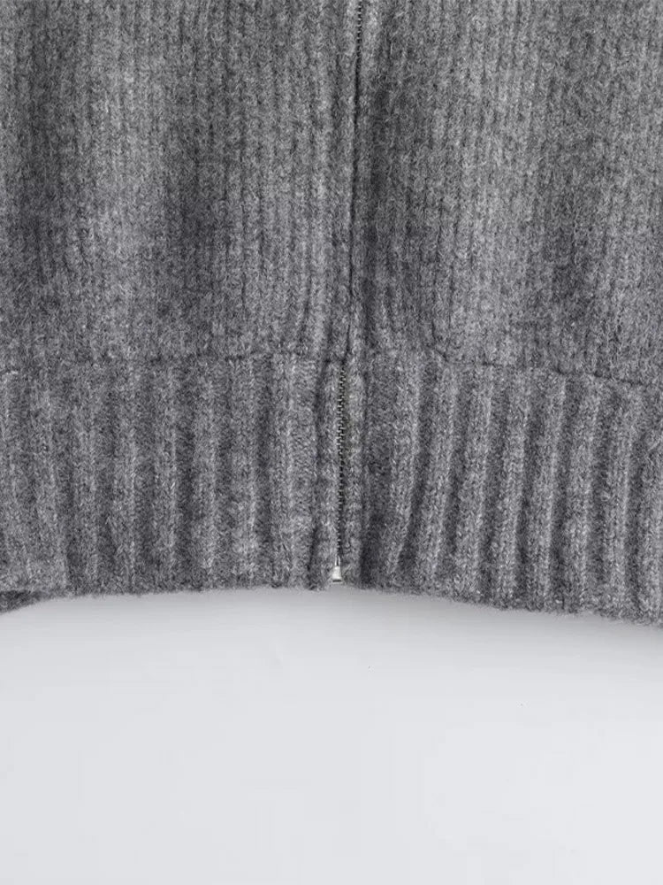 Lizakosht Fashion Grey Knit O-neck Zipper Women Short Cardigan Long Sleeve Loose Elegant Basic Sweater Autumn Chic Casual Lady Knitwears