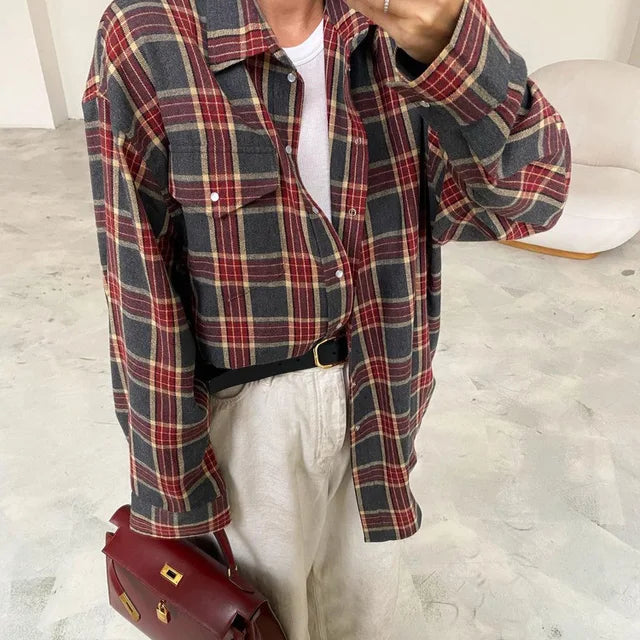 Lizakosht Fashion Loose Plaid Women'S Blouse Elegant Lapel Long Sleeve Office Shirts And Blouses Vintage Pocket Lace-Up Top Female