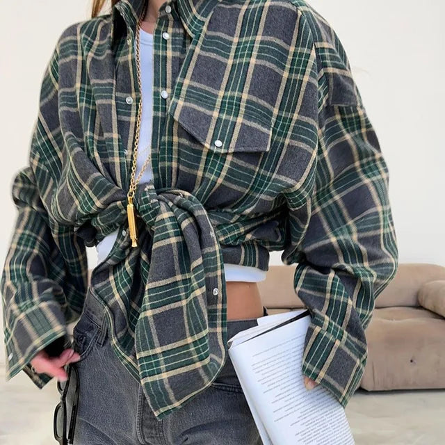Lizakosht Fashion Loose Plaid Women'S Blouse Elegant Lapel Long Sleeve Office Shirts And Blouses Vintage Pocket Lace-Up Top Female