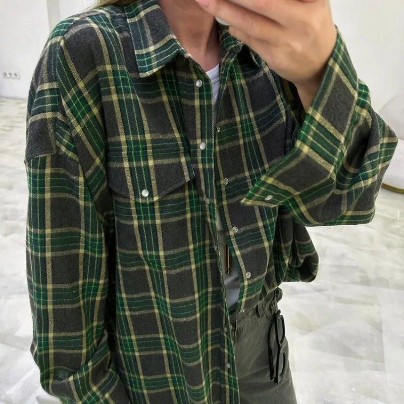 Lizakosht Fashion Loose Plaid Women'S Blouse Elegant Lapel Long Sleeve Office Shirts And Blouses Vintage Pocket Lace-Up Top Female