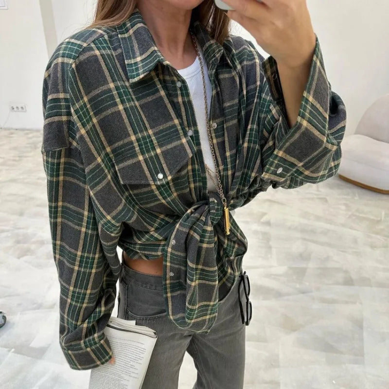Lizakosht Fashion Loose Plaid Women'S Blouse Elegant Lapel Long Sleeve Office Shirts And Blouses Vintage Pocket Lace-Up Top Female