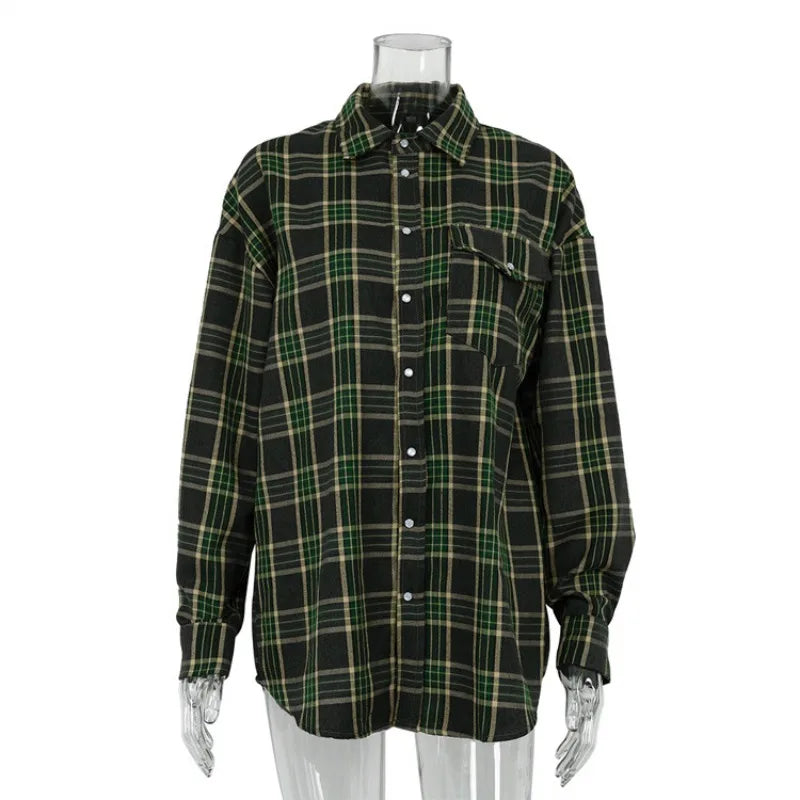 Lizakosht Fashion Loose Plaid Women'S Blouse Elegant Lapel Long Sleeve Office Shirts And Blouses Vintage Pocket Lace-Up Top Female