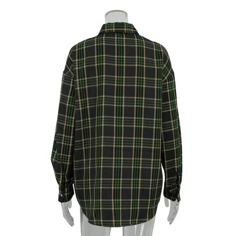 Lizakosht Fashion Loose Plaid Women'S Blouse Elegant Lapel Long Sleeve Office Shirts And Blouses Vintage Pocket Lace-Up Top Female