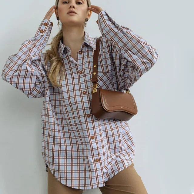Lizakosht Fashion Plaid Print Women'S Blouse Elegant Lapel Long Sleeve Office Shirts & Blouses Casual Loose Tops Female Clothing