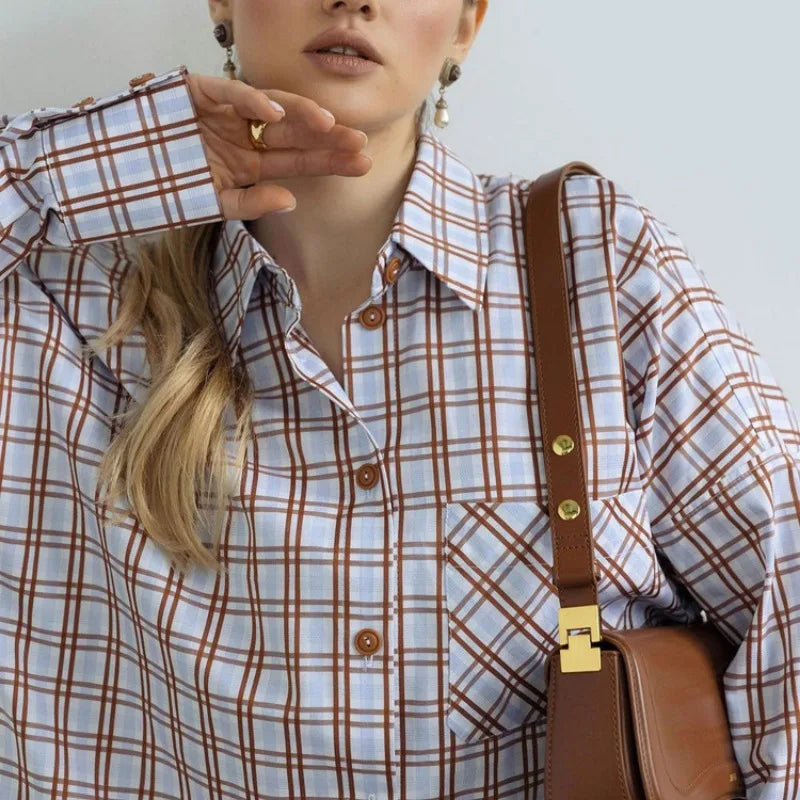Lizakosht Fashion Plaid Print Women'S Blouse Elegant Lapel Long Sleeve Office Shirts & Blouses Casual Loose Tops Female Clothing