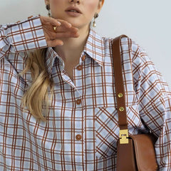 Lizakosht Fashion Plaid Print Women'S Blouse Elegant Lapel Long Sleeve Office Shirts & Blouses Casual Loose Tops Female Clothing