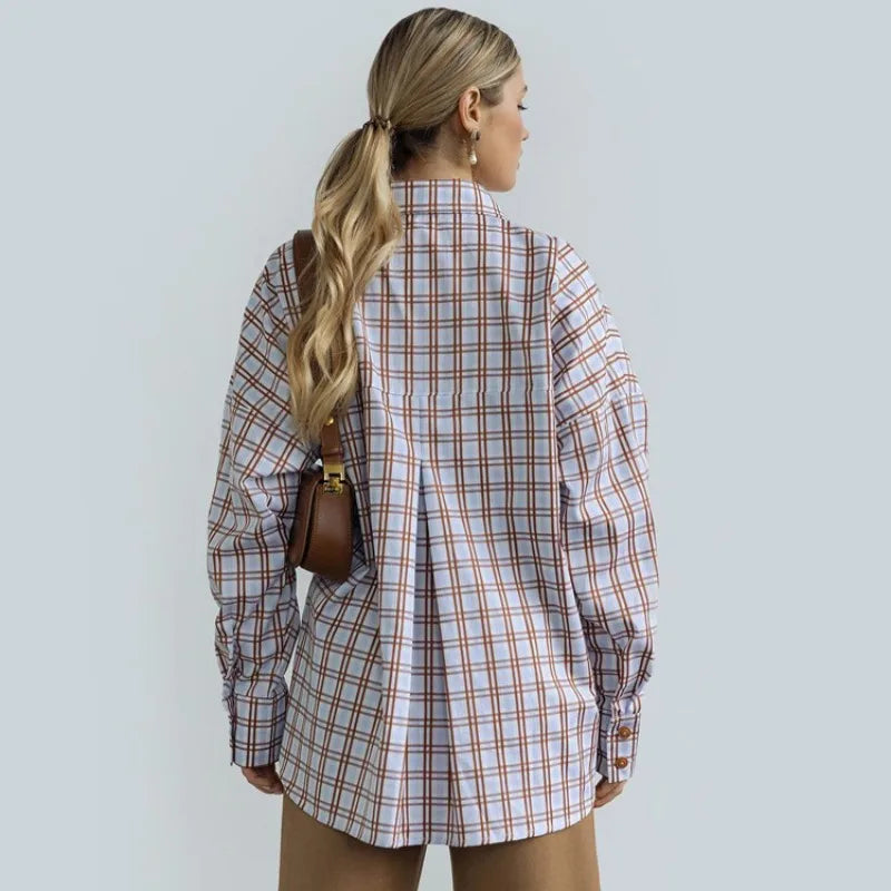 Lizakosht Fashion Plaid Print Women'S Blouse Elegant Lapel Long Sleeve Office Shirts & Blouses Casual Loose Tops Female Clothing