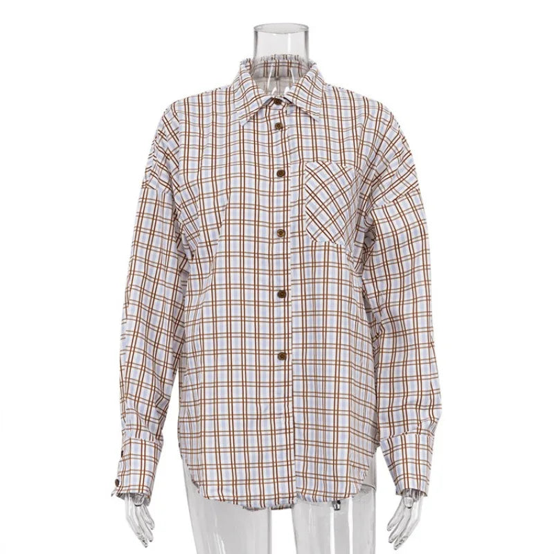 Lizakosht Fashion Plaid Print Women'S Blouse Elegant Lapel Long Sleeve Office Shirts & Blouses Casual Loose Tops Female Clothing