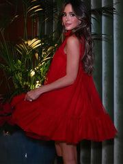 Lizakosht Fashion Red Pleated Mini Dress For Women Elegant O-neck Sleeveless Ruffles A-line Dresses Sweet Lady Chic Party Evening Vestidos