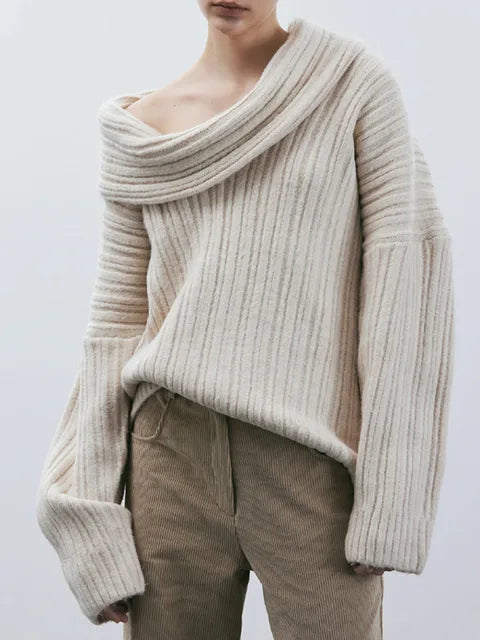 Lizakosht Fashion Solid Slash Neck Sweater For Women Elegant Long Sleeve Off Shoulder Jumpers Female Commuter High Street Knitwear