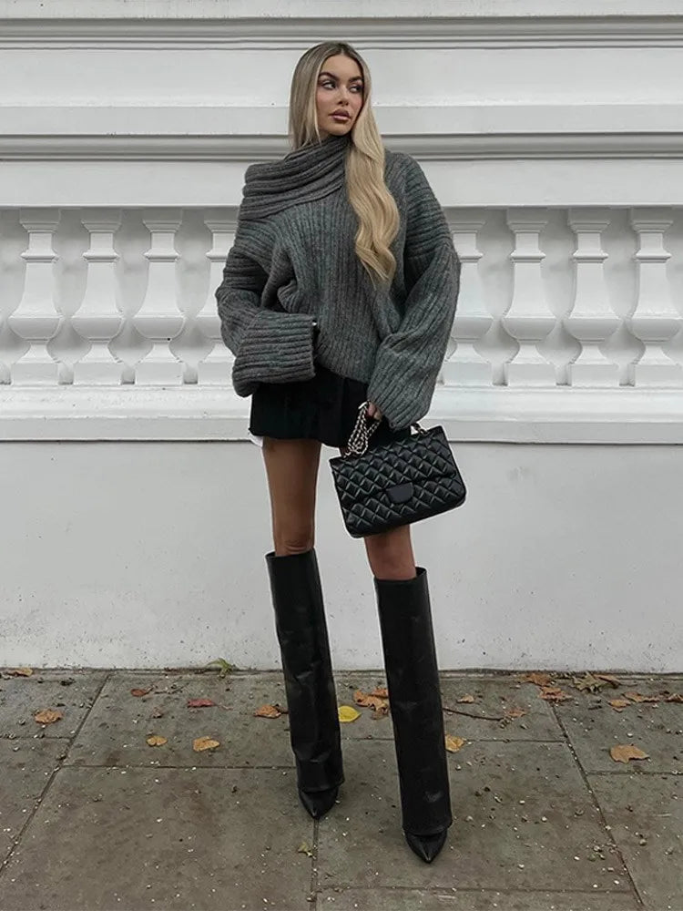 Lizakosht Fashion Solid Slash Neck Sweater For Women Elegant Long Sleeve Off Shoulder Jumpers Female Commuter High Street Knitwear