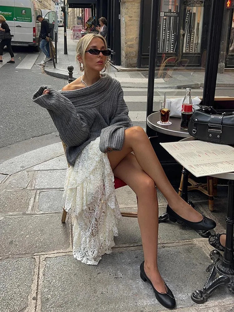 Lizakosht Fashion Solid Slash Neck Sweater For Women Elegant Long Sleeve Off Shoulder Jumpers Female Commuter High Street Knitwear