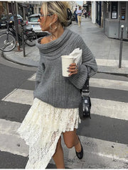 Lizakosht Fashion Solid Slash Neck Sweater For Women Elegant Long Sleeve Off Shoulder Jumpers Female Commuter High Street Knitwear