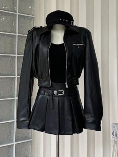 Lizakosht - Formal Occasion Outfits 2 Piece Set Classical Solid Colors PU Jacket+Wrap Hip High Street Pleated Skirts Coquette Autumn Winter