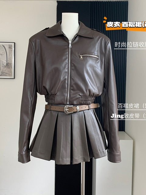 Lizakosht - Formal Occasion Outfits 2 Piece Set Classical Solid Colors PU Jacket+Wrap Hip High Street Pleated Skirts Coquette Autumn Winter