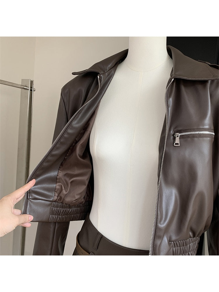 Lizakosht - Formal Occasion Outfits 2 Piece Set Classical Solid Colors PU Jacket+Wrap Hip High Street Pleated Skirts Coquette Autumn Winter