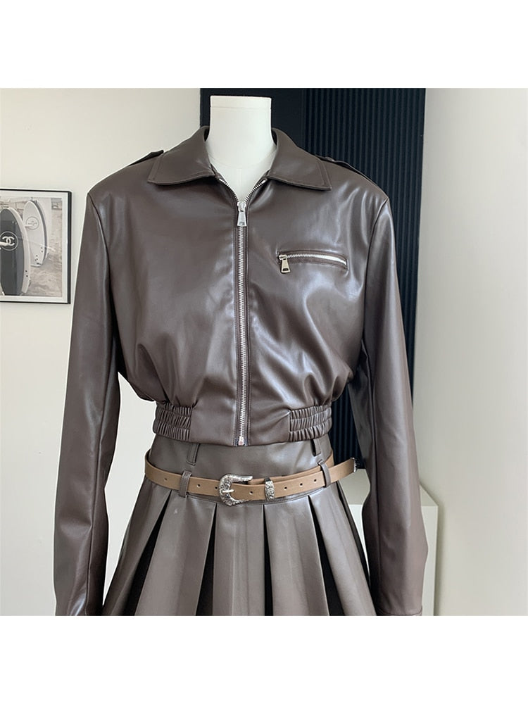 Lizakosht - Formal Occasion Outfits 2 Piece Set Classical Solid Colors PU Jacket+Wrap Hip High Street Pleated Skirts Coquette Autumn Winter