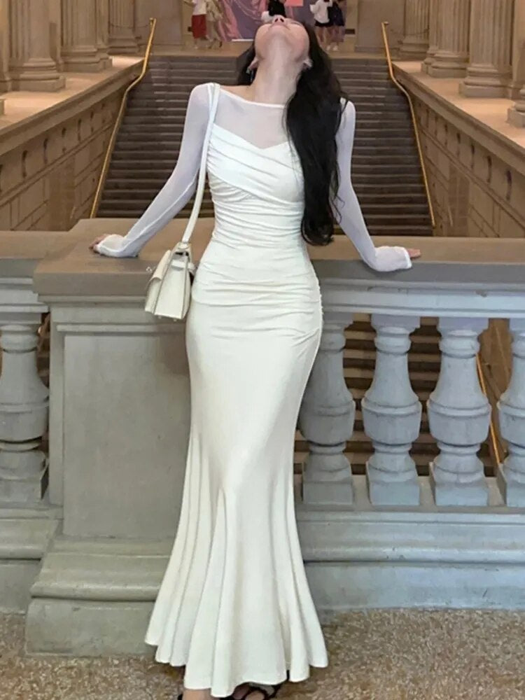 Lizakosht French Elegant Women New White Mermaid Dress Fashion Patchwork Lady Slim Vestidos Clothes Autumn Vintage Ruched Prom Maxi